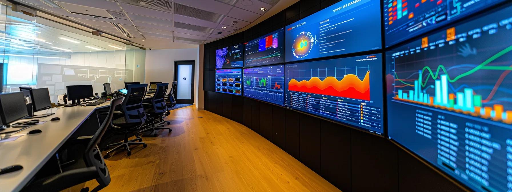 a sleek, modern office filled with advanced technology, showcasing a large screen displaying vibrant graphs and analytics representing optimized business listings and ai-driven seo strategies for local rankings.