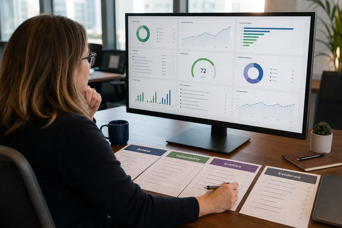 A marketing lead reviewing a multi-panel AEO audit dashboard on a widescreen monitor, with printed checklist pages labeled Access, Indexability, Entities, and Evidence spread across a desk, soft morning light through office windows, photorealistic detail on paper texture and screen glare