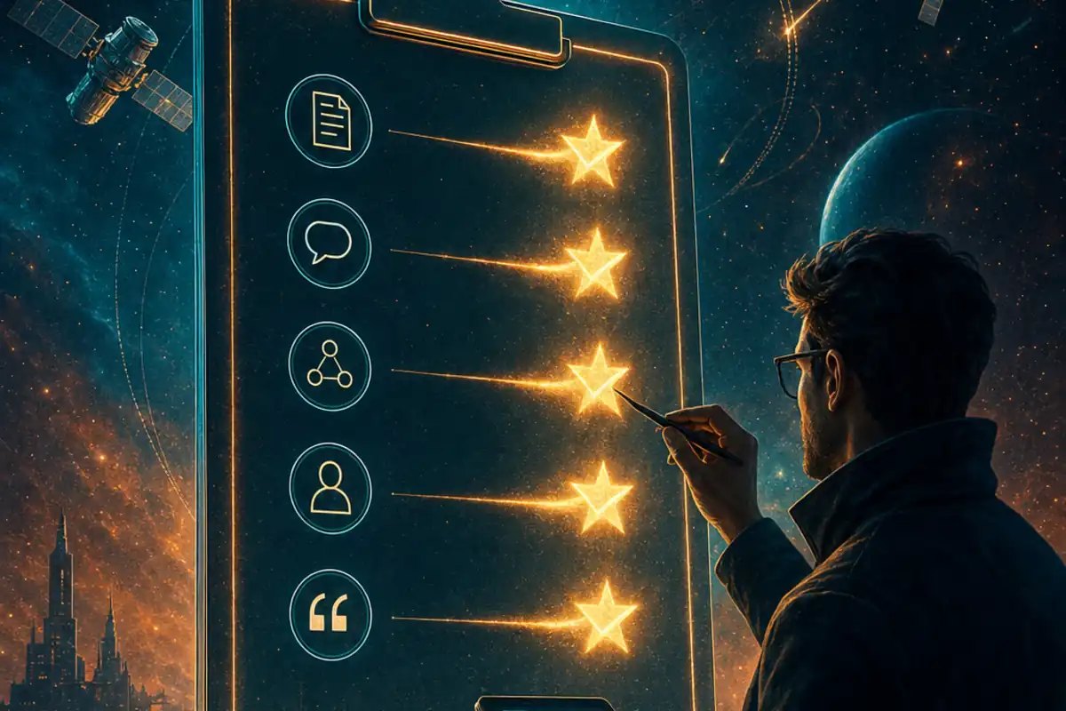 Pre-publish checklist on a glowing clipboard with checkmarks becoming lit stars, each item a gate, with a strategist verifying before launch over a teal and orange nebula