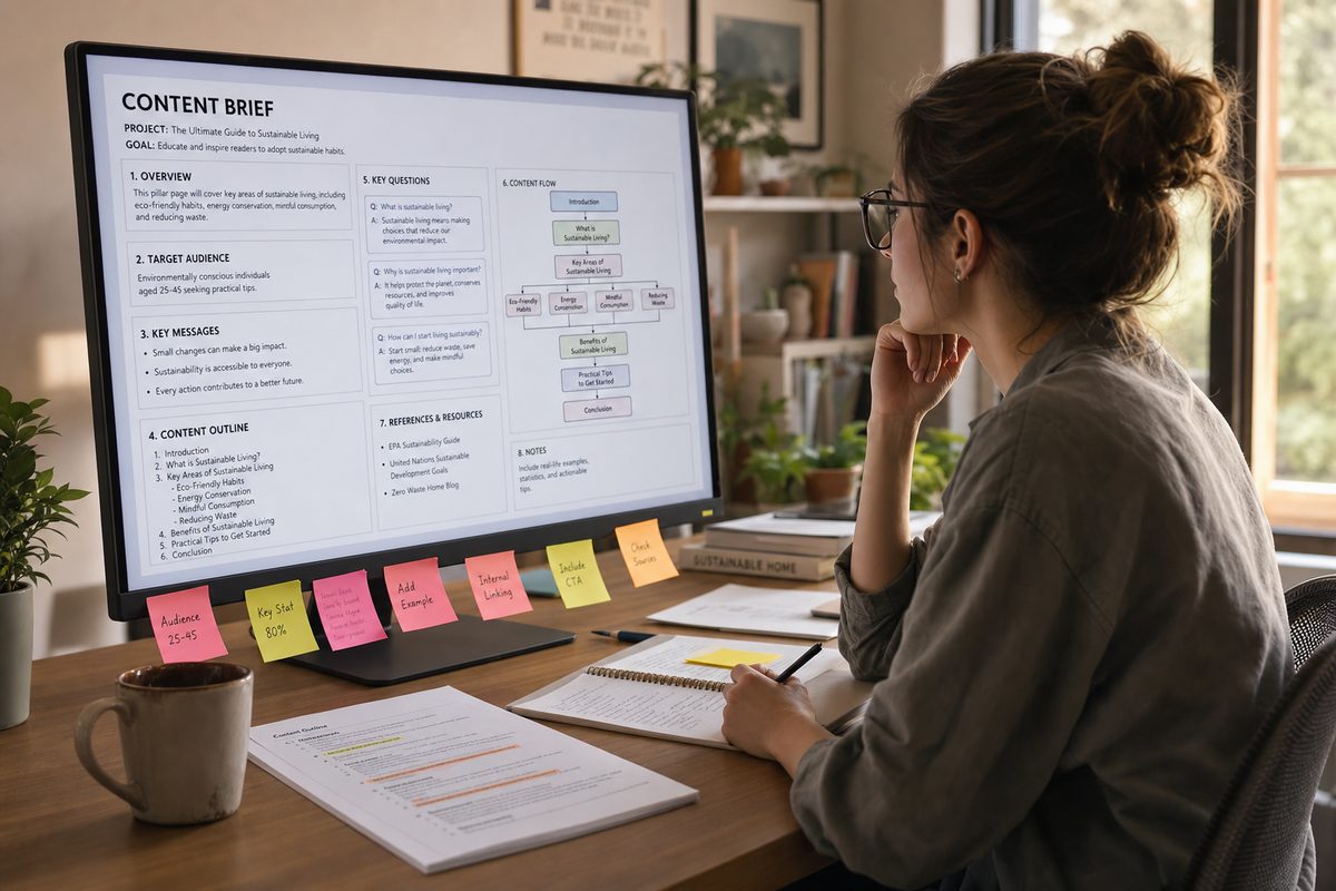 Modern office workspace with a content strategist reviewing a detailed content brief document on a large monitor, showing structured question-answer pairs, entity mapping diagrams, and citation flow charts, with sticky notes and coffee cup on a wooden desk, warm natural lighting from a window
