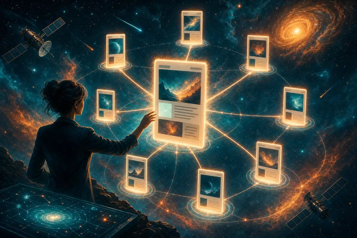 Central pillar page connected by glowing internal link lines to surrounding supporting spoke pages forming a hub and spoke constellation over a teal and orange nebula, with a strategist building the structure