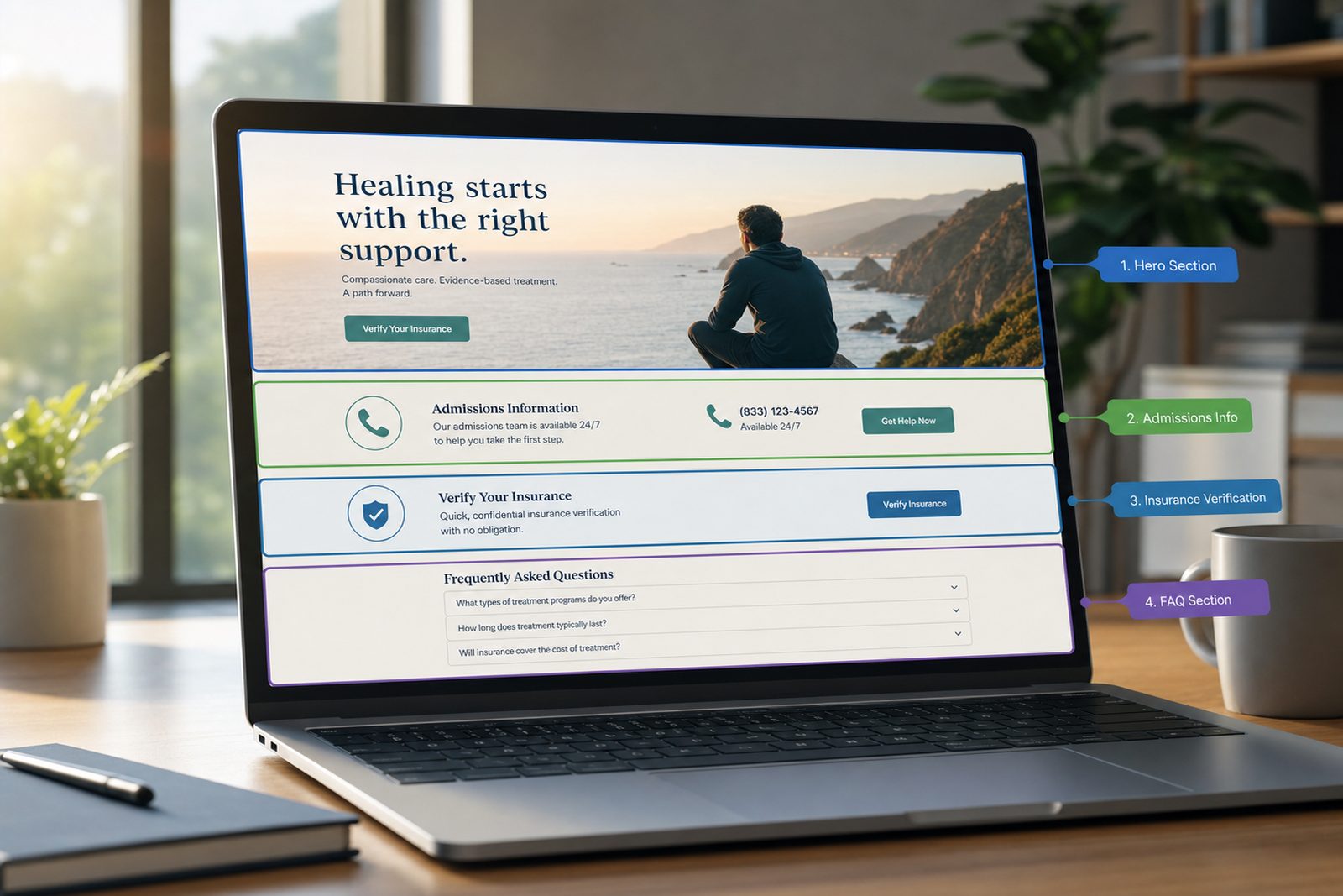 Rehab admissions landing page annotated with AEO answer-block structure and schema markup