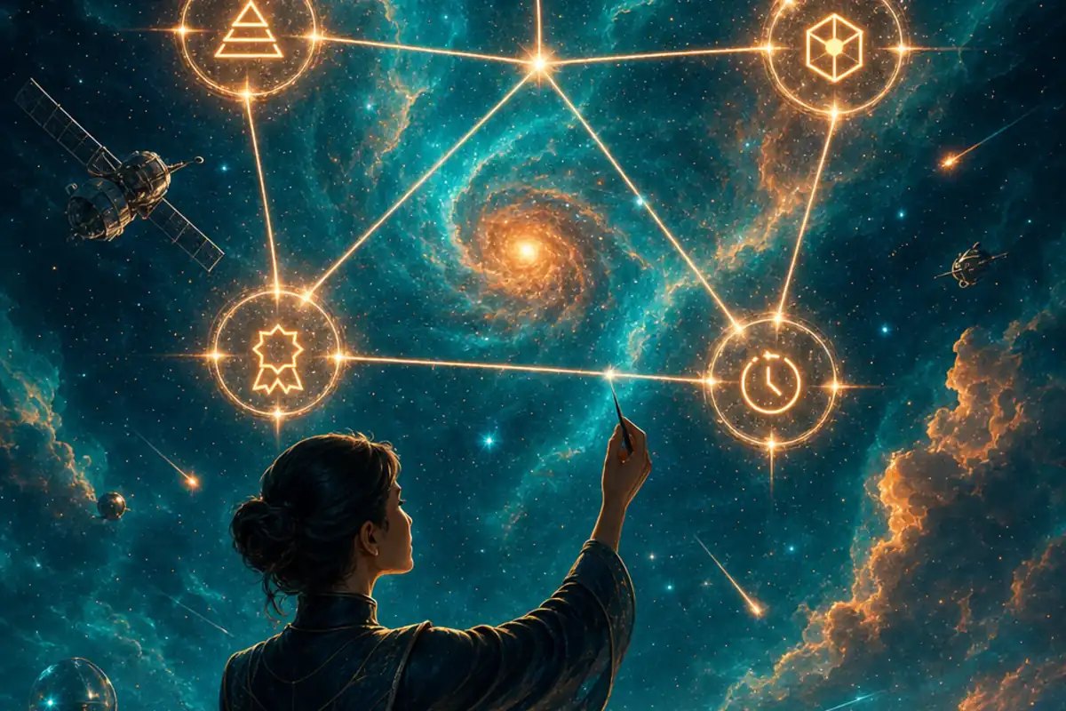 Constellation where each star is an AEO ranking factor connected by glowing lines into a scored map over a teal and orange nebula, with a strategist calibrating the diagram