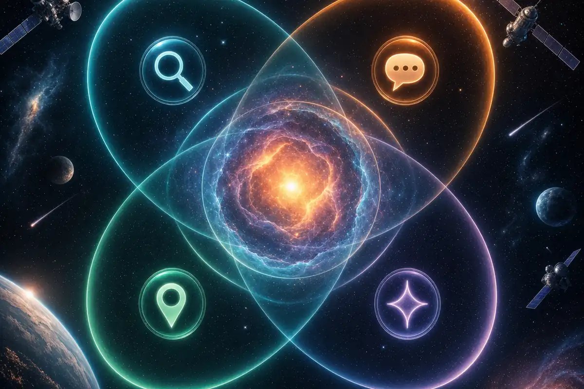 Four overlapping translucent orbit rings representing SEO, AEO, GEO, and LLM SEO orbiting a central nebula core in a teal and orange cosmic agency illustration