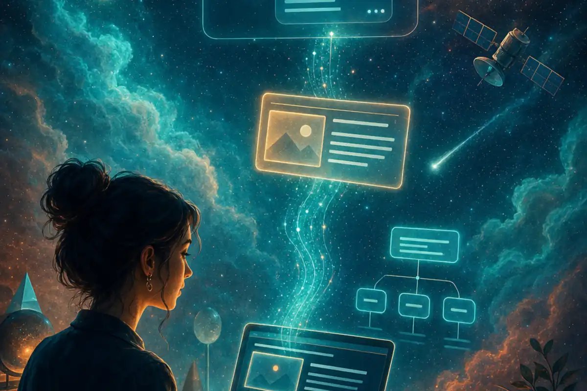 Content strategist structuring a question-and-answer block and FAQ schema on a laptop to win answer engine placements, with an AI answer preview floating above in a teal and orange cosmic interface