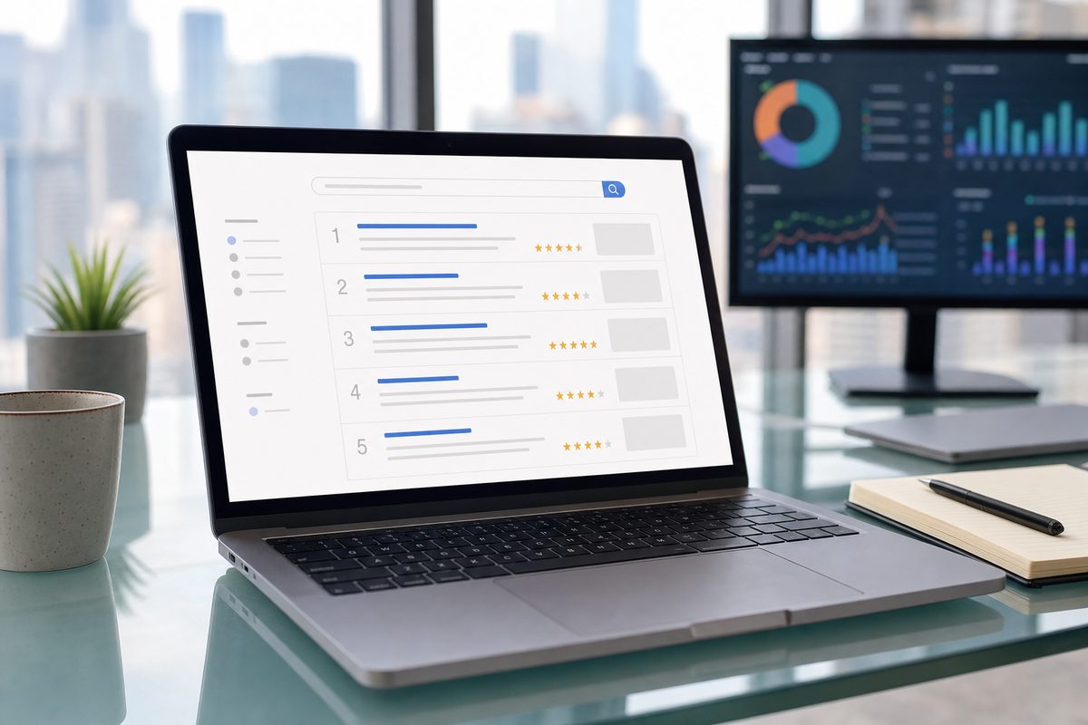 Laptop on a modern agency desk showing an AI search interface with directory-style ranked listings, analytics dashboards and notes nearby in a sun-lit office