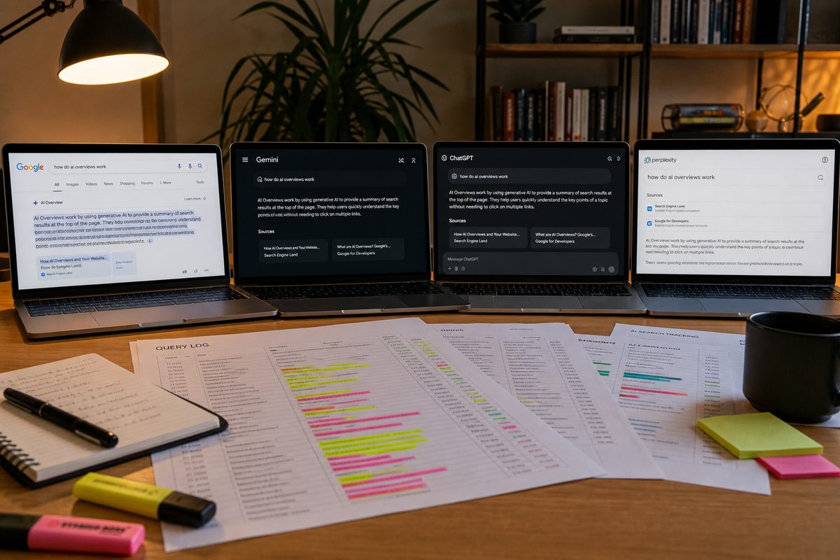 A marketer's desk with four laptop screens side by side, each showing a different AI search interface, Google AI Overviews, Gemini, ChatGPT, and Perplexity, with a printed query log and highlighted timestamps spread across the desk under warm office lighting