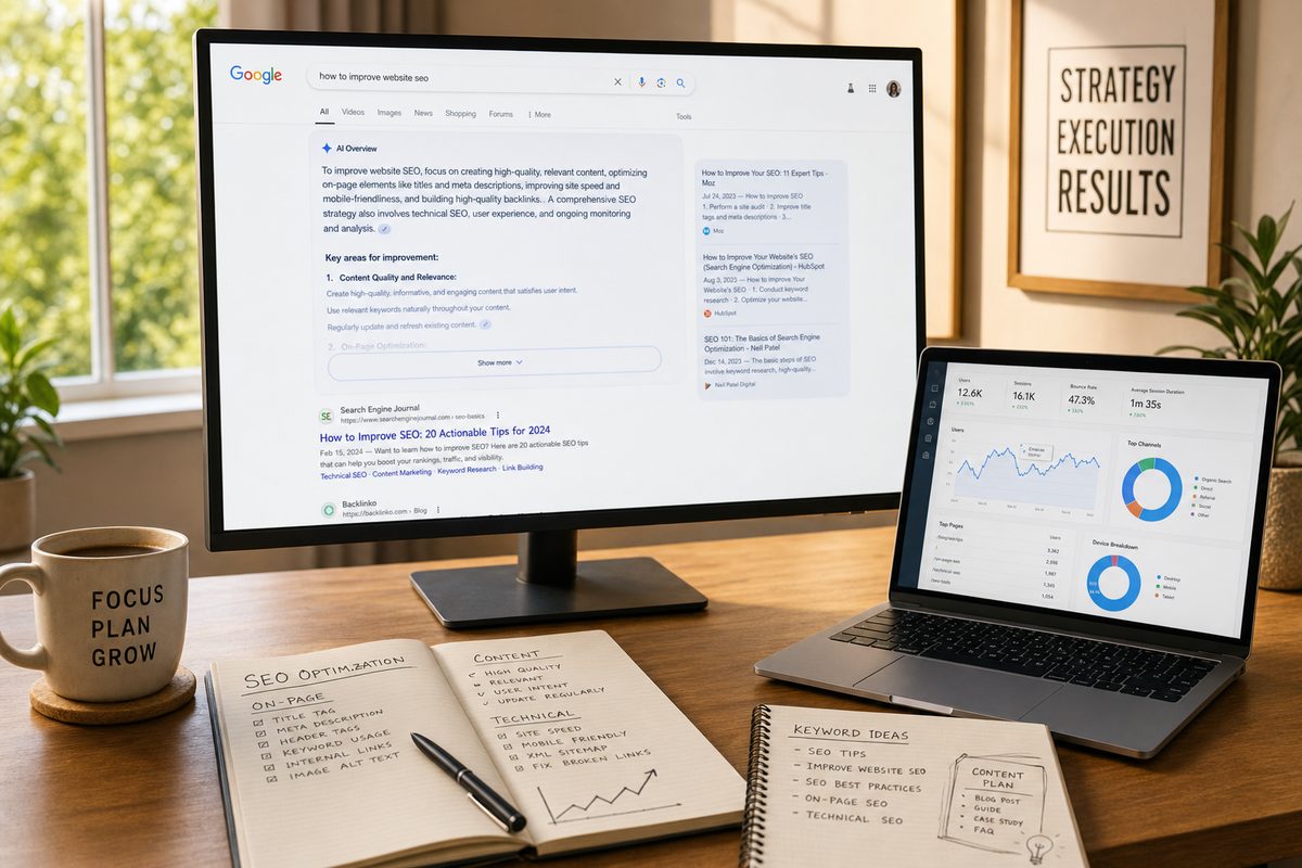 A photorealistic office workspace showing a desktop monitor displaying Google search results with a prominent AI Overview box at the top, surrounded by notebooks with handwritten optimization notes, a laptop showing analytics dashboards with citation metrics, and a coffee mug, warm natural lighting from a nearby window