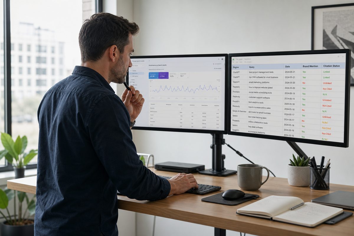 A marketing lead at a standing desk reviewing a dated spreadsheet log with columns for engine, query, date, brand mention, and citation status, dual monitors showing a Search Console dashboard and a query tracking sheet, soft daylight through an office window.