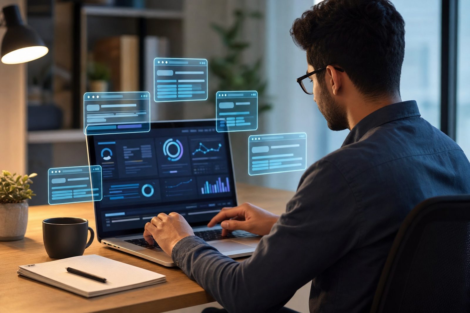 AI search visibility audit checklist on a laptop showing brand mention tracking across Google AI Overviews ChatGPT Perplexity and Gemini with a benchmark score
