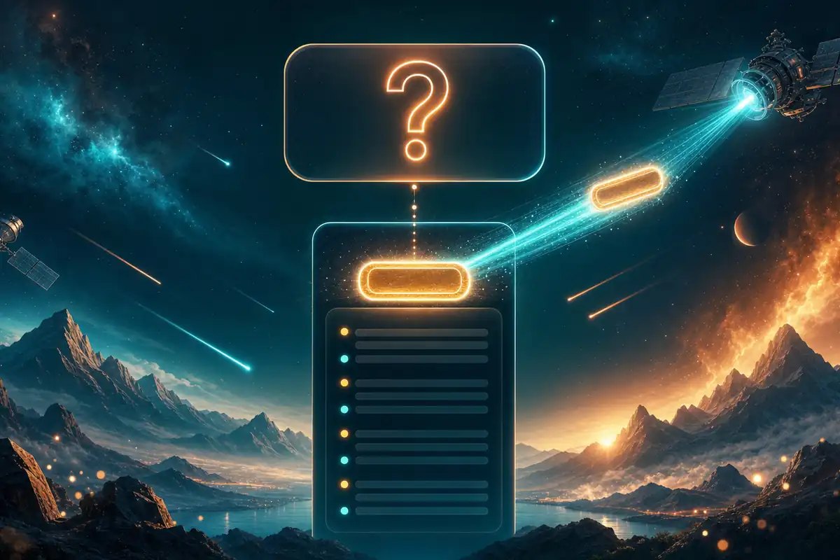 Single web page with a question heading at top and a compact glowing answer capsule above a deeper content column, an AI beam extracting just the capsule as a citation in a teal and orange cosmic interface