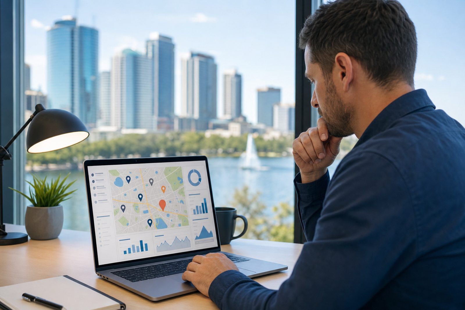 Orlando small business owner comparing local SEO companies on a laptop with a Google Business Profile dashboard and a downtown Orlando skyline visible through the office window