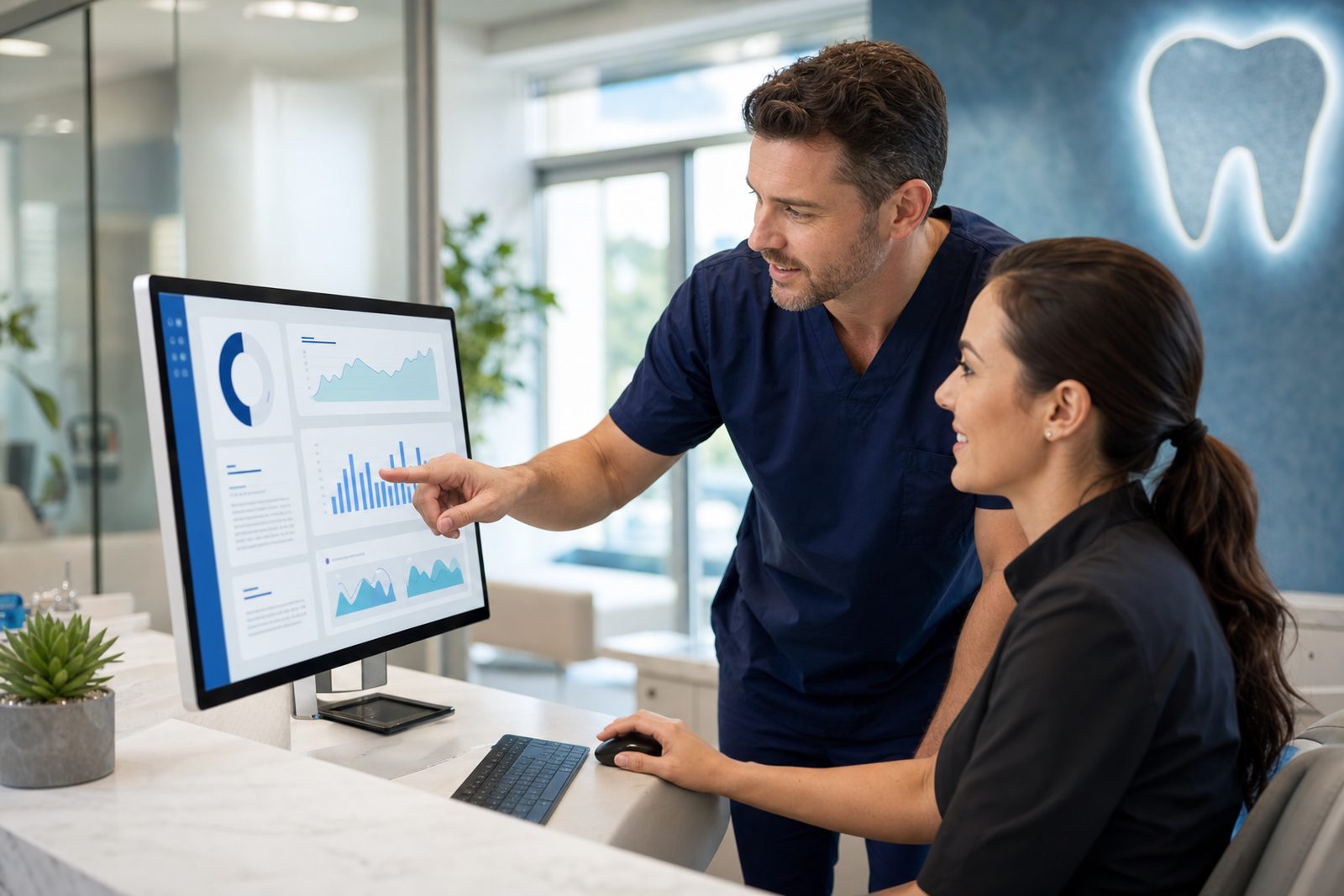 Dentist and office manager reviewing new-patient SEO results and a Google Business Profile on a computer at a modern dental practice front desk