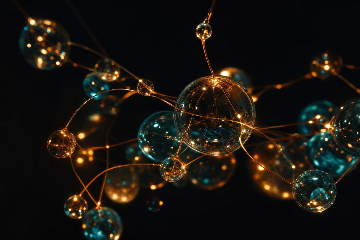 A photorealistic digital knowledge graph visualization with glowing nodes labeled Person, Organization, LocalBusiness, and Place connected by bright lines, set against a dark neural network background representing AI entity understanding