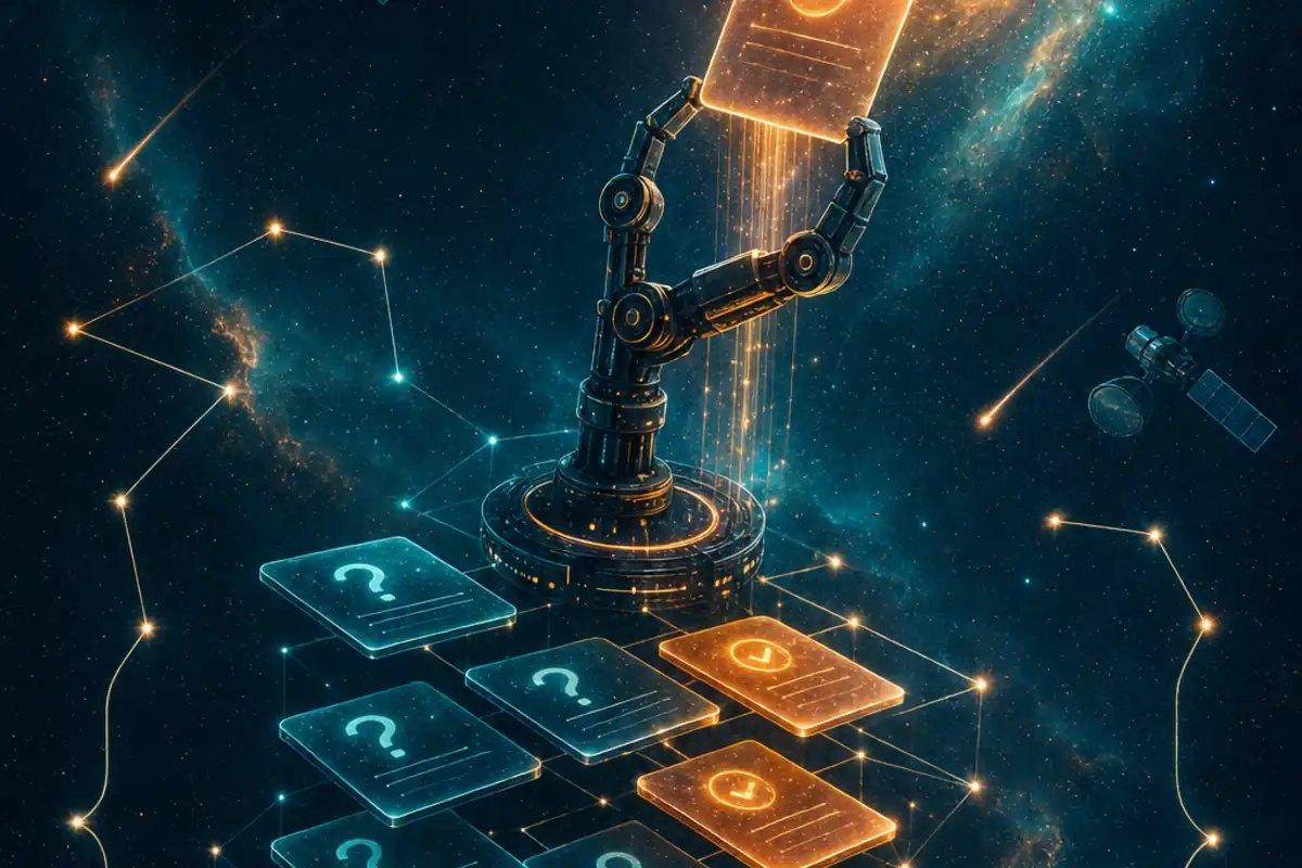 Structured FAQ block rendered as stacked glowing question-and-answer cards with schema brackets forming a constellation, an AI engine lifting one card as a cited answer in a teal and orange nebula