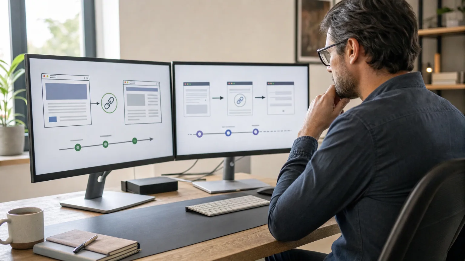 AI illustration of a website owner tracing a backlink and redirect path across two screens.