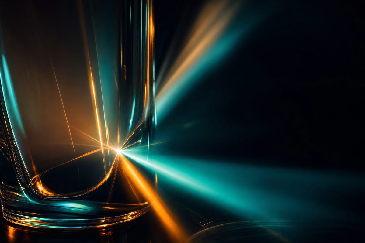 Photorealistic visualization of a neural network pipeline: data flowing from web crawlers through vector embedding layers into a ranked results interface, rendered in deep blue and electric teal on dark background