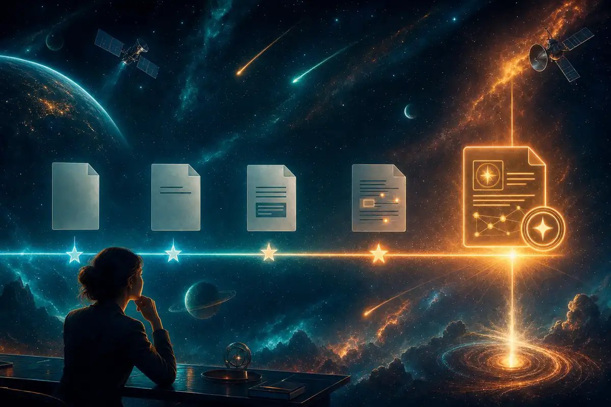 Glowing horizontal timeline where a page transforms from a plain document into a cited AI answer over weeks, with a strategist watching the citation light ignite in a teal and orange nebula