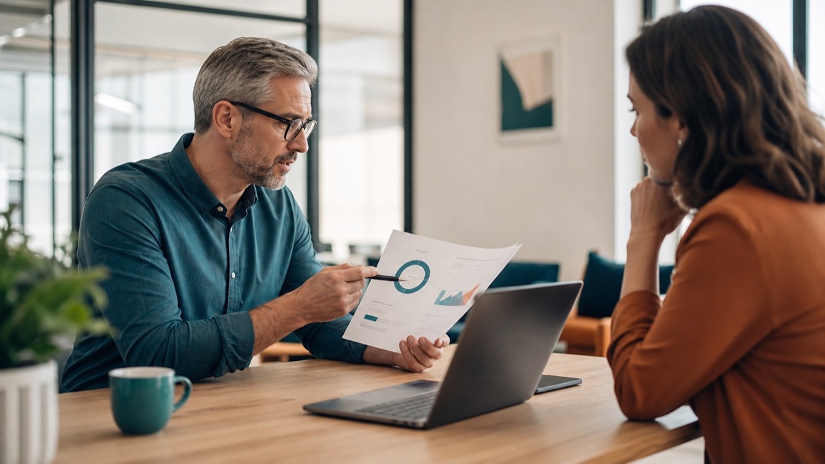 Marketing strategist reviewing an AEO agency audit with a prospective client