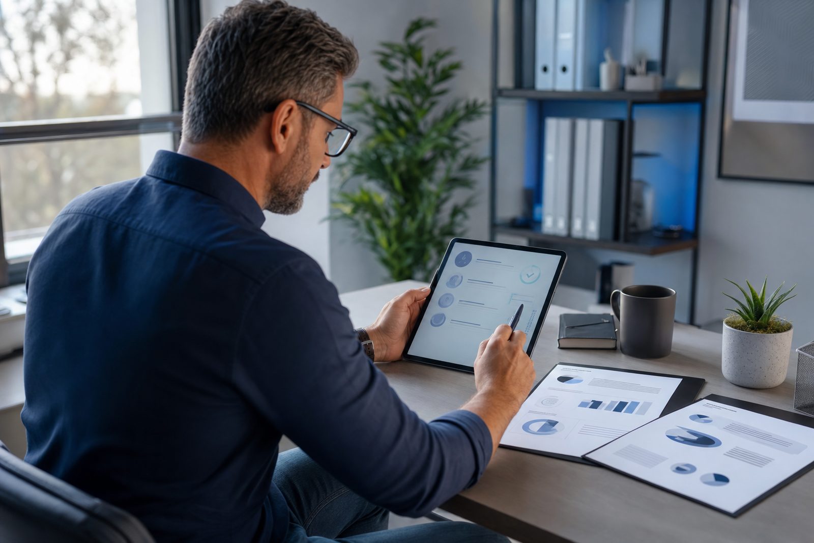 Business owner working through an SEO agency evaluation checklist on a tablet while comparing two agency proposals on the desk