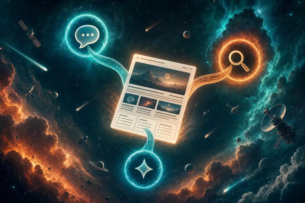 Three glowing AI answer engine nodes pulling citation ribbons from a single well-structured web page floating in a teal and orange nebula with satellites and shooting stars