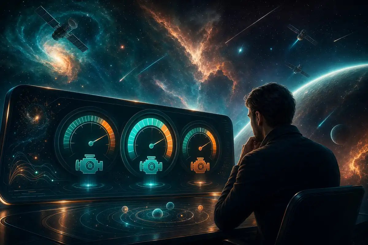 Dashboard of AI visibility gauges showing citation share of voice across three engine icons, with a strategist reading the dials under a teal and orange nebula sky