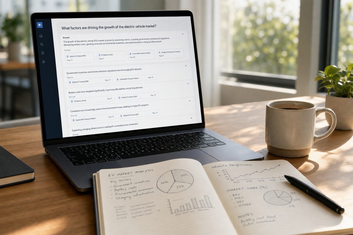 Modern office desk with laptop displaying Perplexity AI interface showing cited sources in answer blocks, sunlight streaming through window, coffee cup and notebook with citation analytics charts visible, photorealistic depth of field