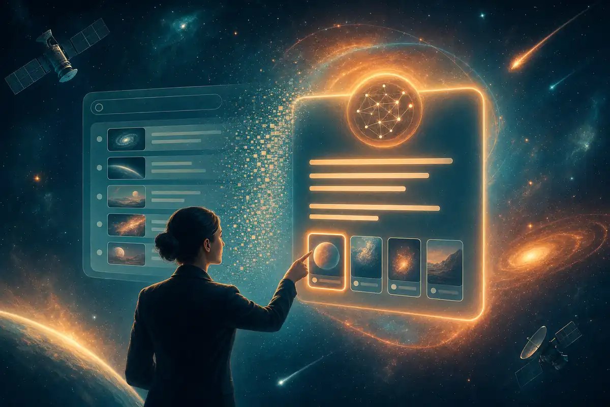 Search results page dissolving into a glowing Google AI Overview answer card pulled from a trusted stack of pages, with a strategist pointing to the cited source in a teal and orange nebula