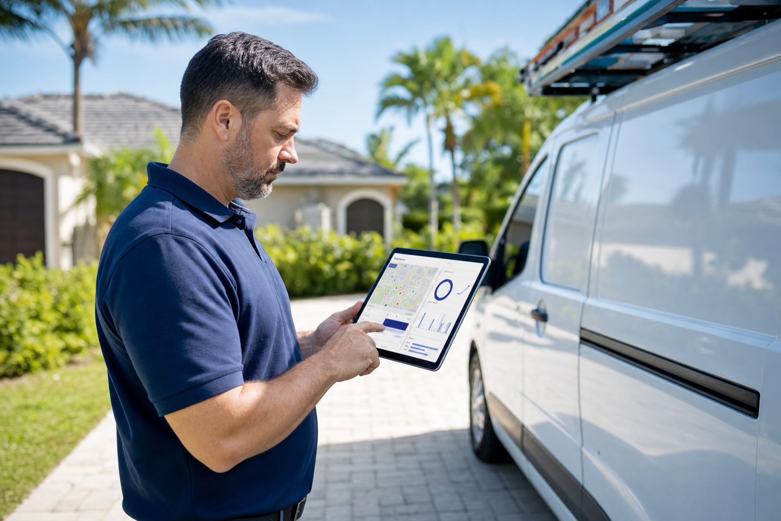 HVAC company owner reviewing local search rankings and booked service calls on a tablet next to a service van in a Florida driveway