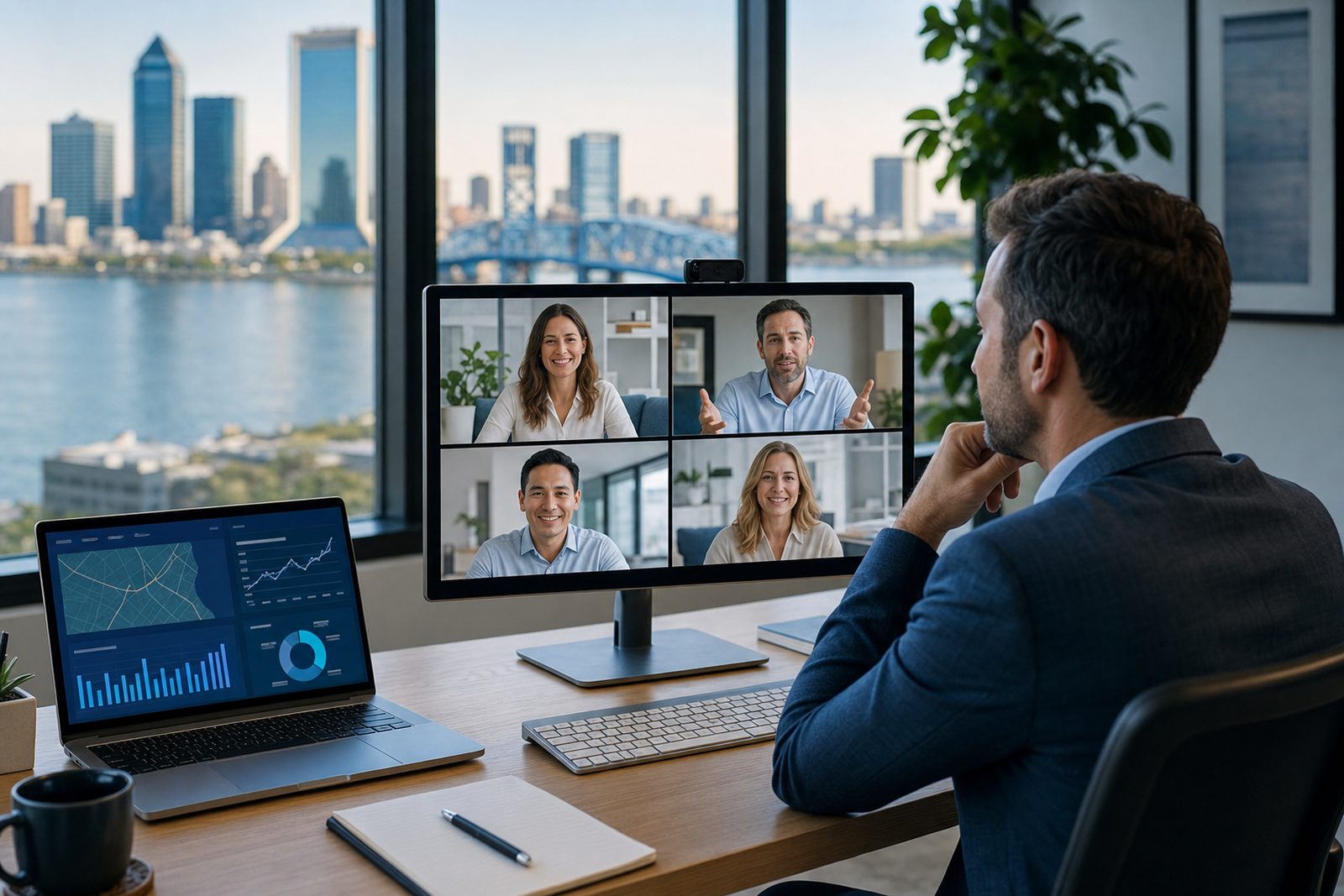 Jacksonville business owner interviewing an SEO company over video call while reviewing a local ranking report, with the Jacksonville skyline and St. Johns River visible outside