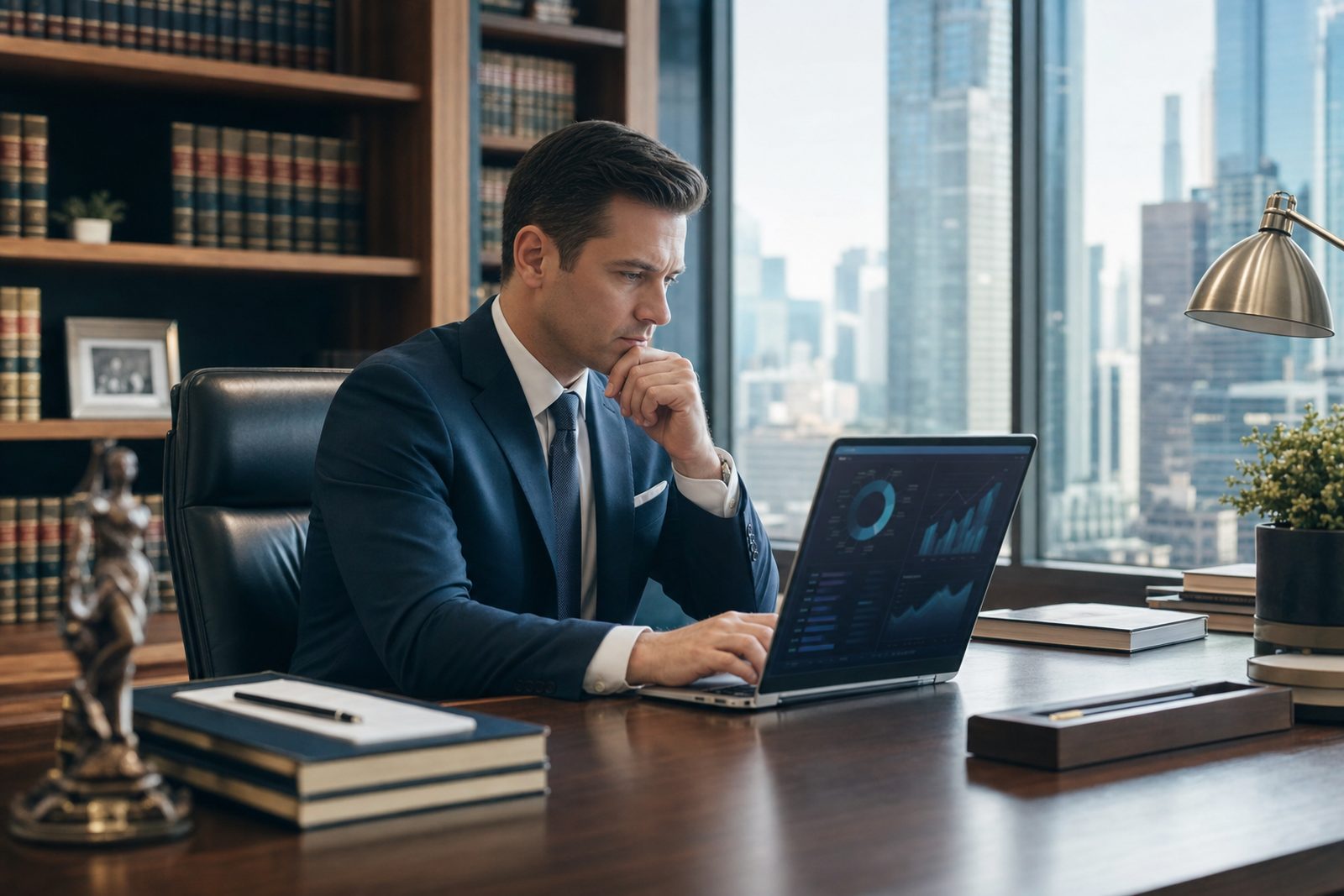Attorney reviewing a law firm SEO strategy and practice-area page rankings on a laptop in a law office with bookshelves and a city view