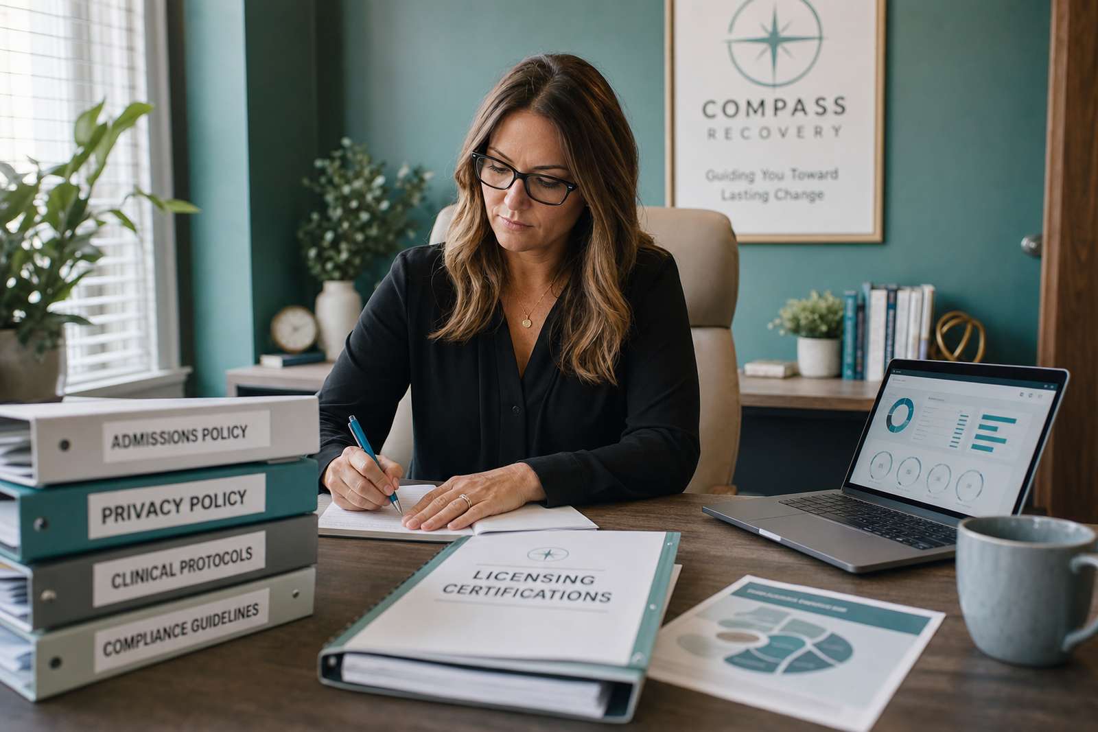 Addiction treatment center admissions director organizing licensing documents and policy binders to meet LegitScript certification requirements