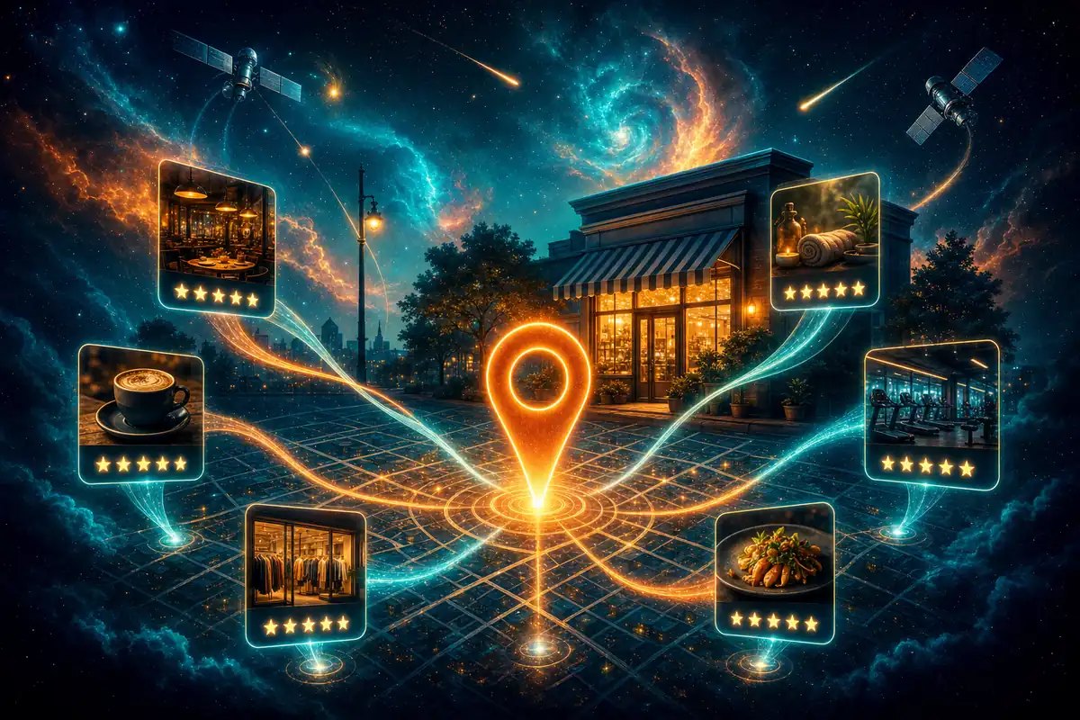 Glowing map pin planted in a neighborhood grid with AI answer ribbons connecting the pin to nearby business listings and review stars in a teal and orange nebula sky