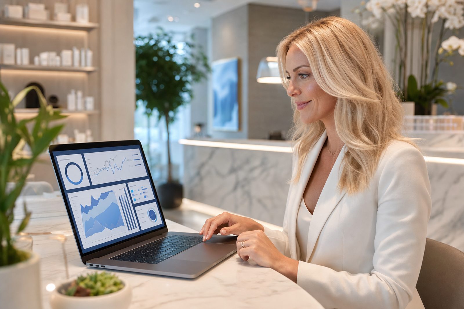 Med spa owner reviewing a marketing channel mix and return-on-investment dashboard on a laptop in a modern aesthetics clinic reception area