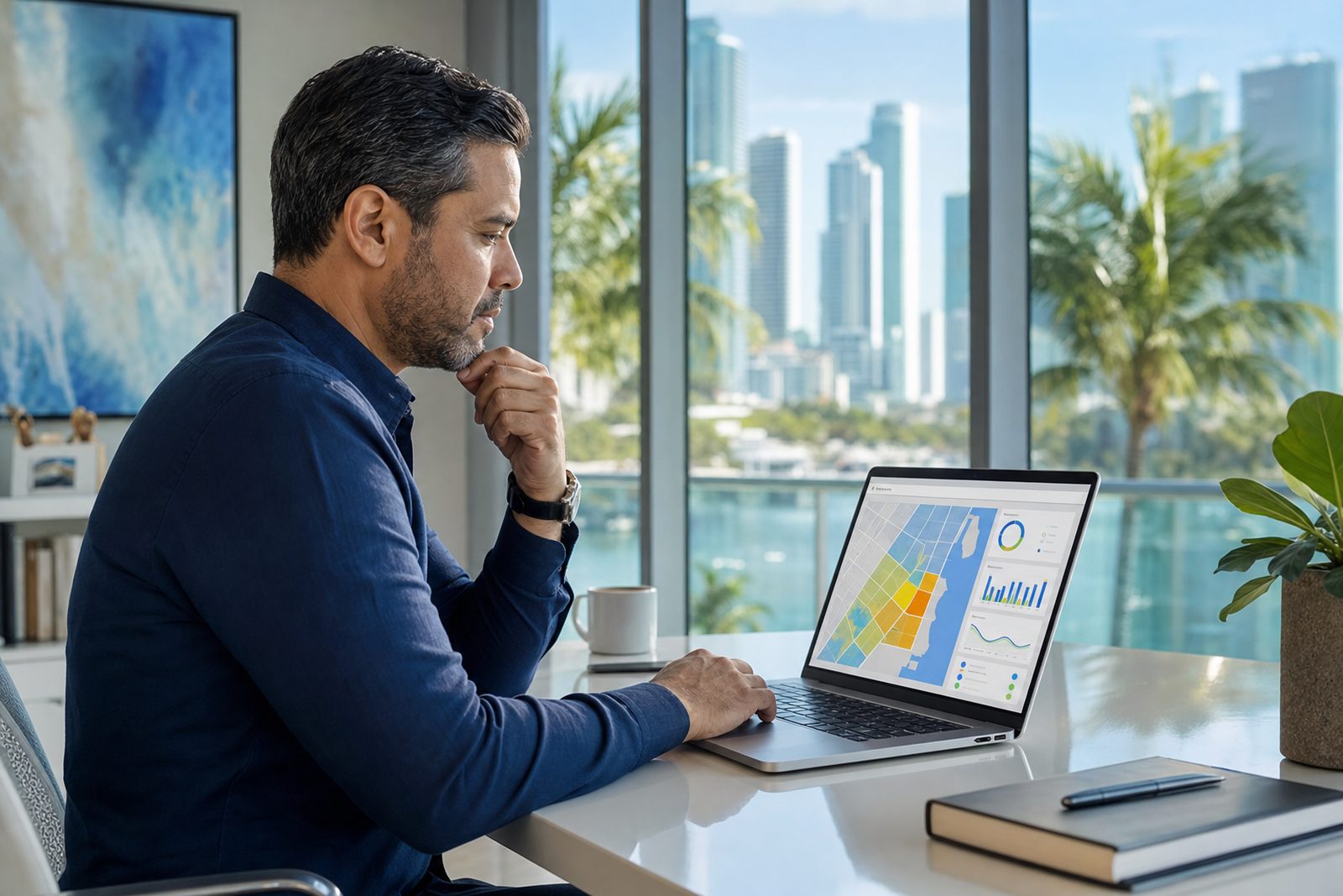 Miami business owner reviewing a local SEO strategy and map pack rankings on a laptop in a bright office with palm trees and the Miami skyline in the background