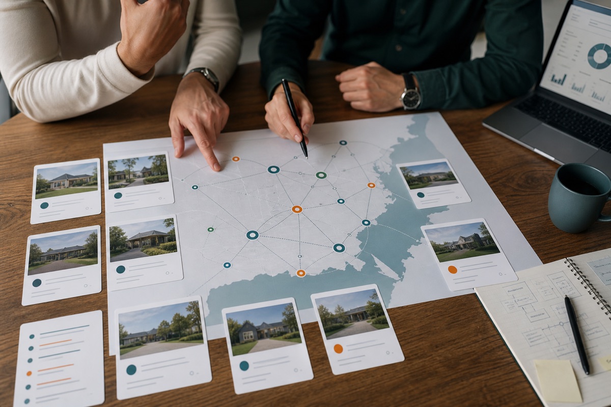 Multi-location addiction treatment SEO team reviewing a location-page eligibility matrix with verified facility facts
