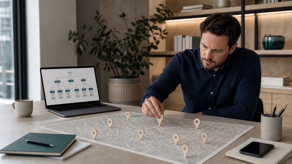 Marketing strategist planning a multi-location SEO content architecture with location markers