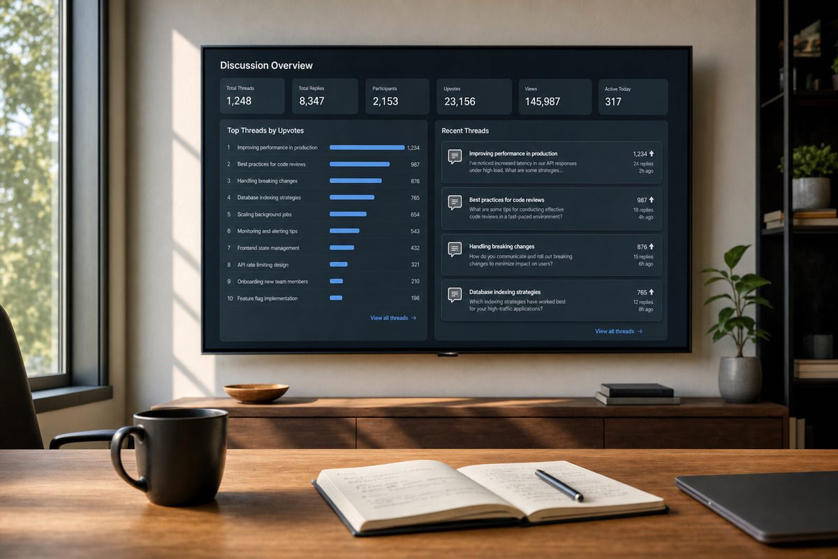 Detailed photorealistic office scene showing a large wall-mounted monitor displaying a data dashboard with a discussion-forum analytics dashboard among citation analytics, bar charts showing domain frequency across ChatGPT Perplexity Gemini Claude and Google AI Overviews, desk with open laptop showing Reddit threads, coffee mug, notepads with handwritten analysis notes, natural window lighting, professional research environment