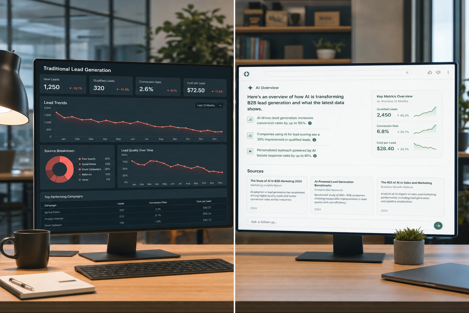Rehab marketing dashboard comparing paid lead vendor performance against AI Overview-driven organic inquiries