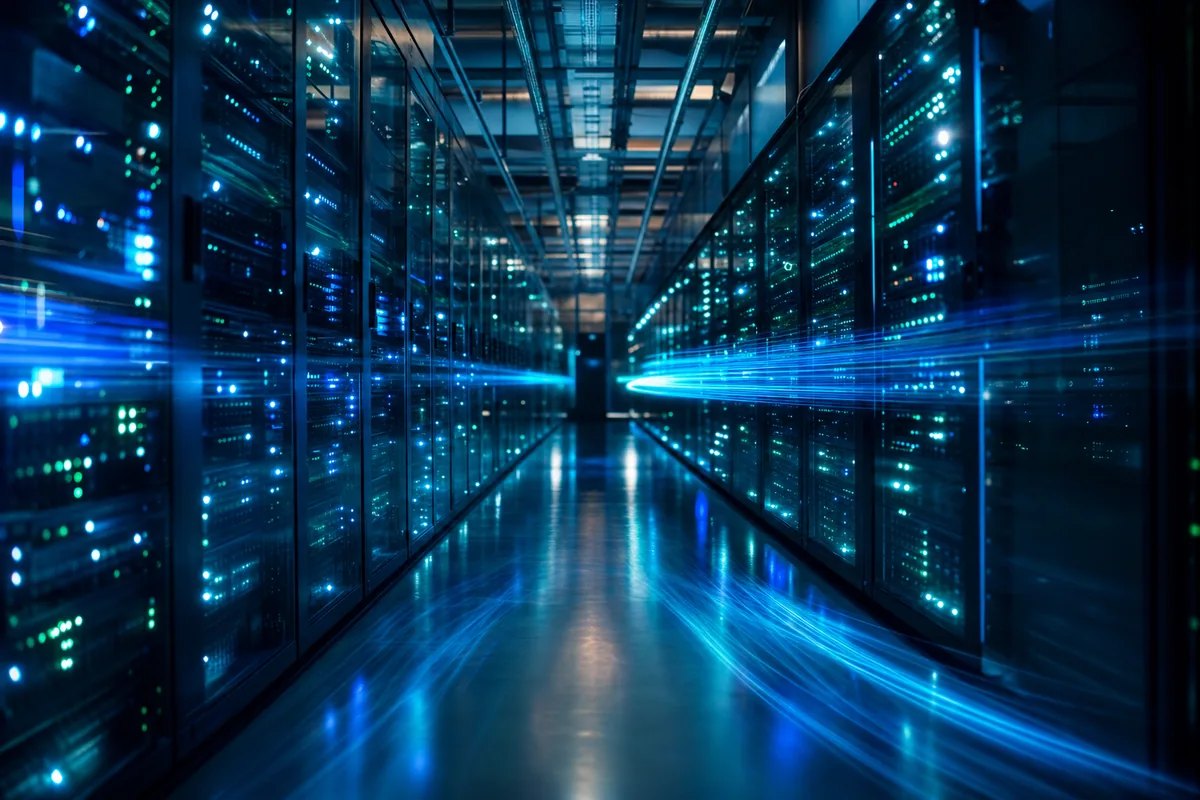 Long-exposure photograph of a modern data center aisle with rows of glowing server racks and soft blue light trails