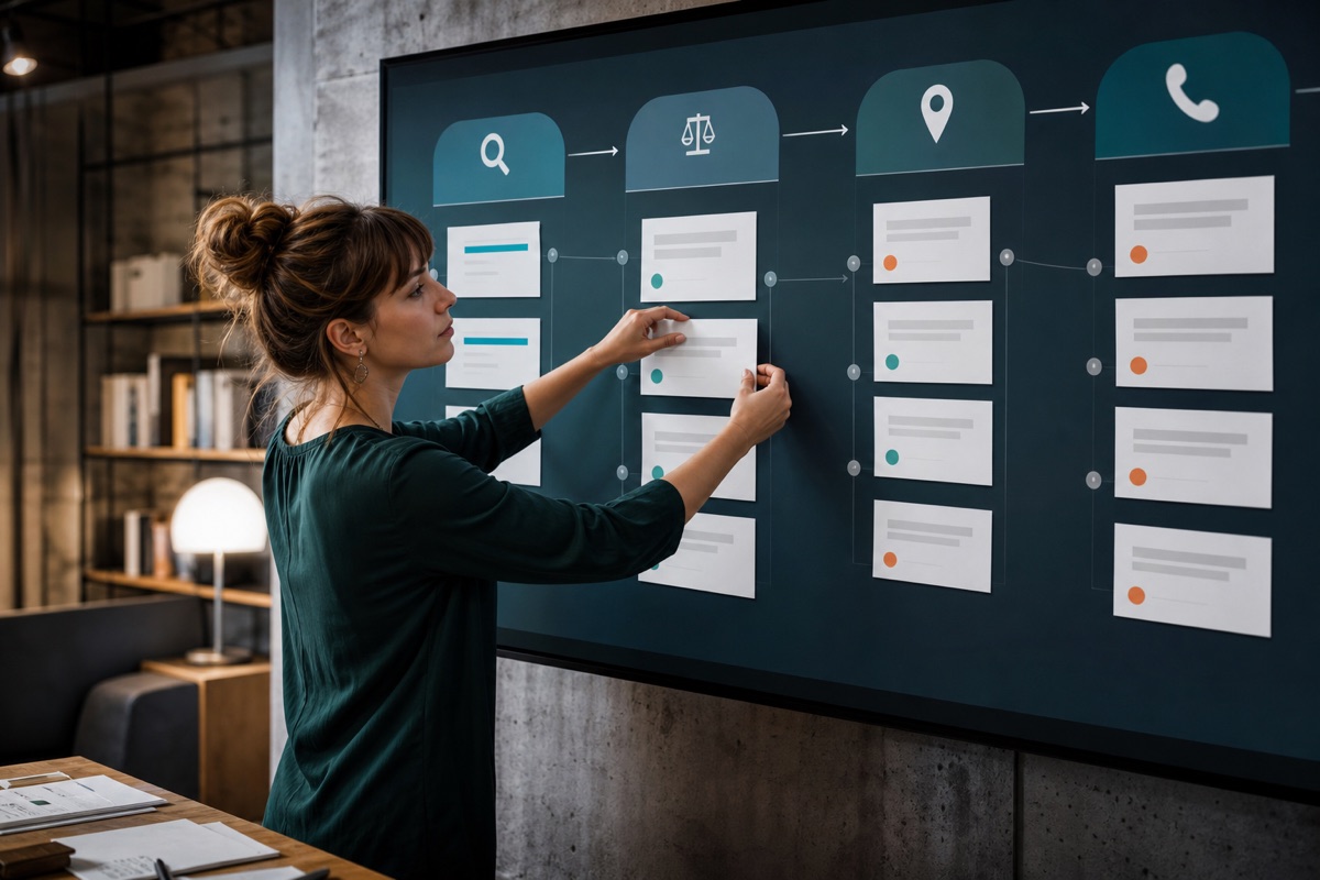Search intent map connecting addiction treatment research questions to page owners and appropriate inquiry paths