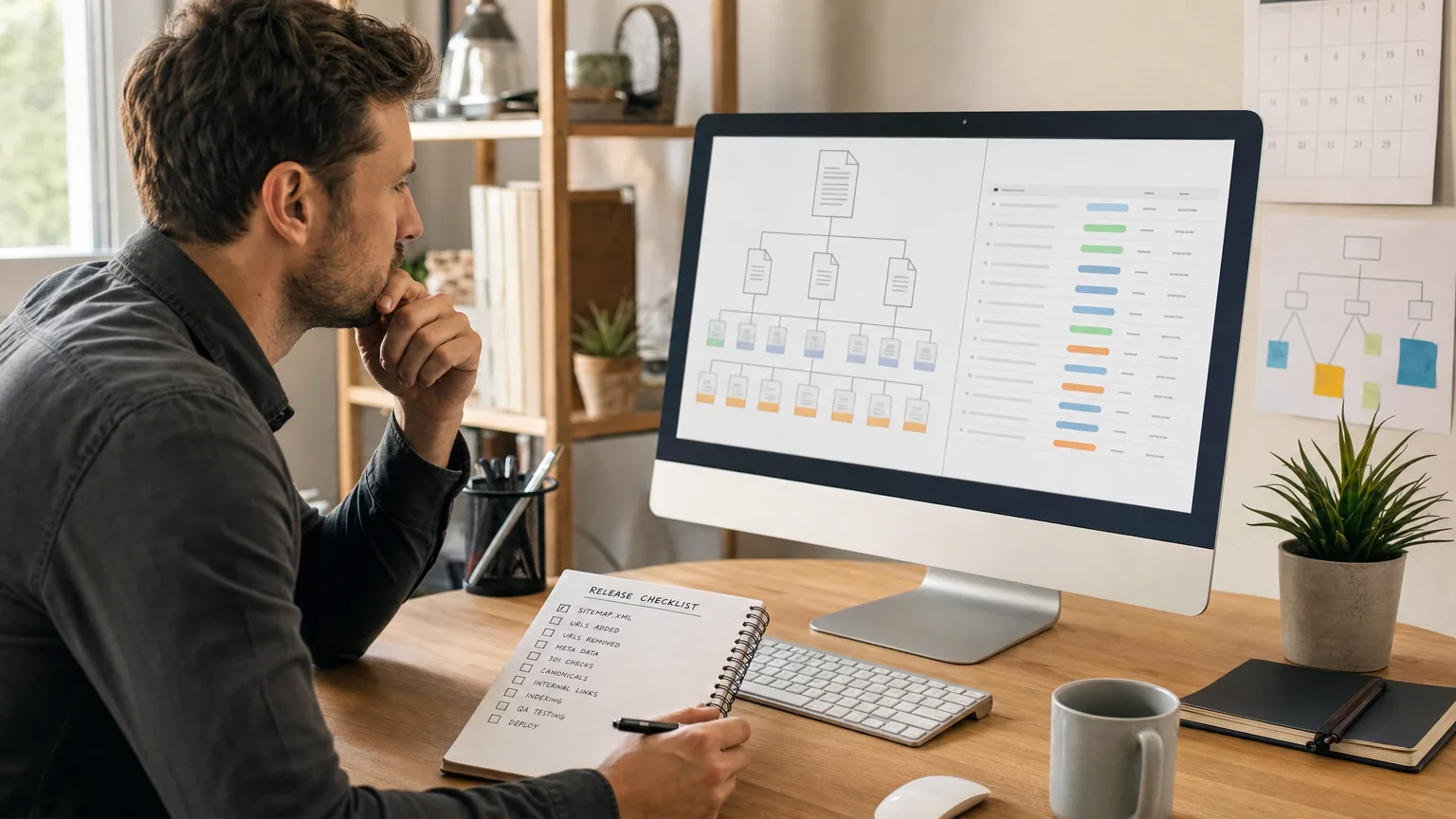 AI illustration of a website owner checking sitemap lastmod dates against a release checklist.