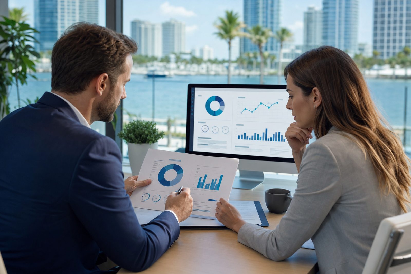 Tampa business team reviewing an SEO agency proposal and keyword report on a monitor in a modern office with the Tampa waterfront in the background