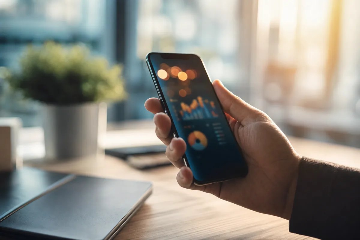 Close-up photograph of a hand holding a smartphone emitting a soft abstract glow of blurred chart and graph light in a bright minimal office