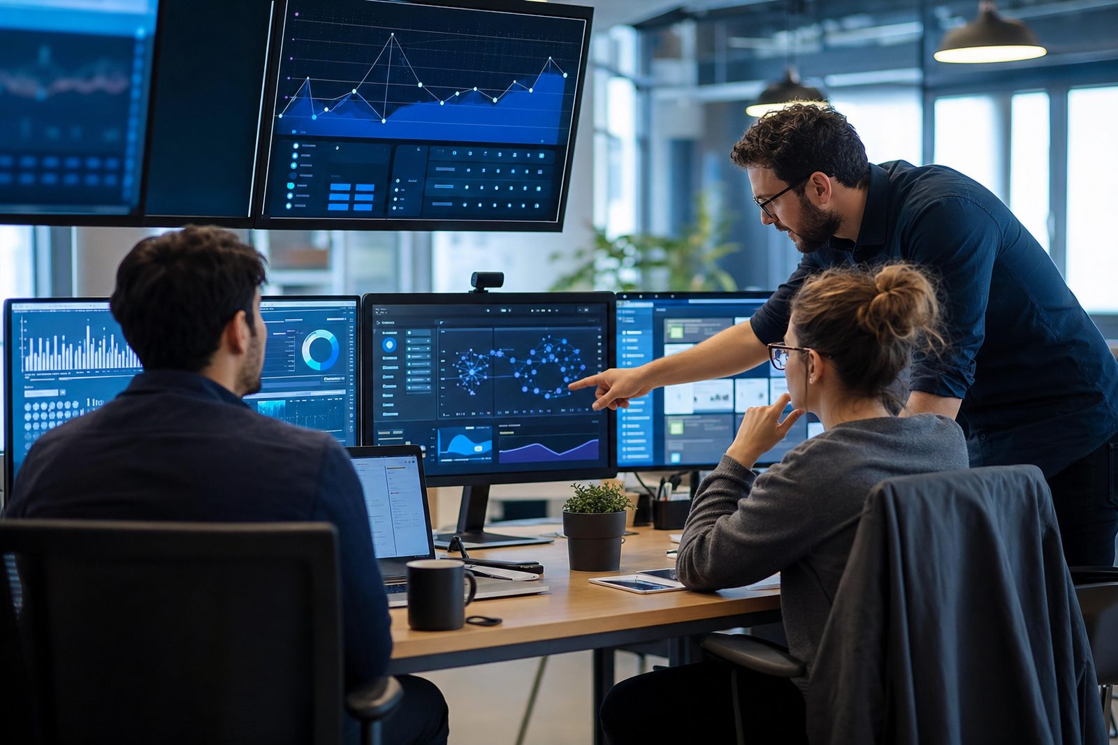 AI SEO agency team reviewing AI Overview placements, rankings, and content workflows on multiple monitors in a modern office