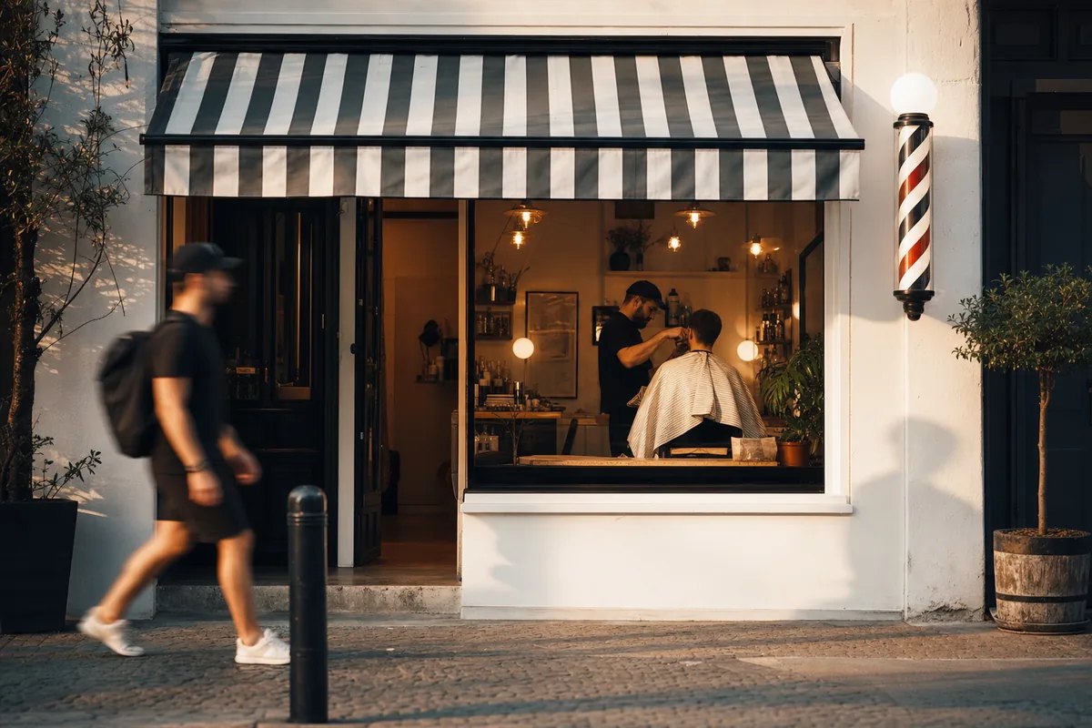 Street-level photograph of a small local business storefront with a striped awning and large window on a sunny morning with a softly motion-blurred pedestrian
