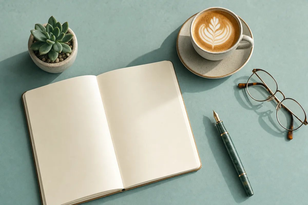 Overhead flat-lay photograph of a clean modern desk with an open blank notebook, fountain pen, coffee cup, succulent plant, and reading glasses in warm natural light