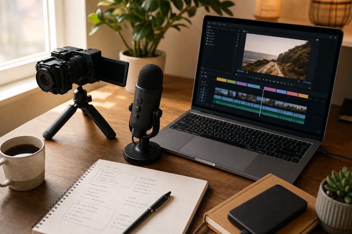 Professional videographer recording business tutorial in modern office studio with ring light and teleprompter, monitor displaying AI search interface showing video citation thumbnails from multiple platforms, natural daylight streaming through windows