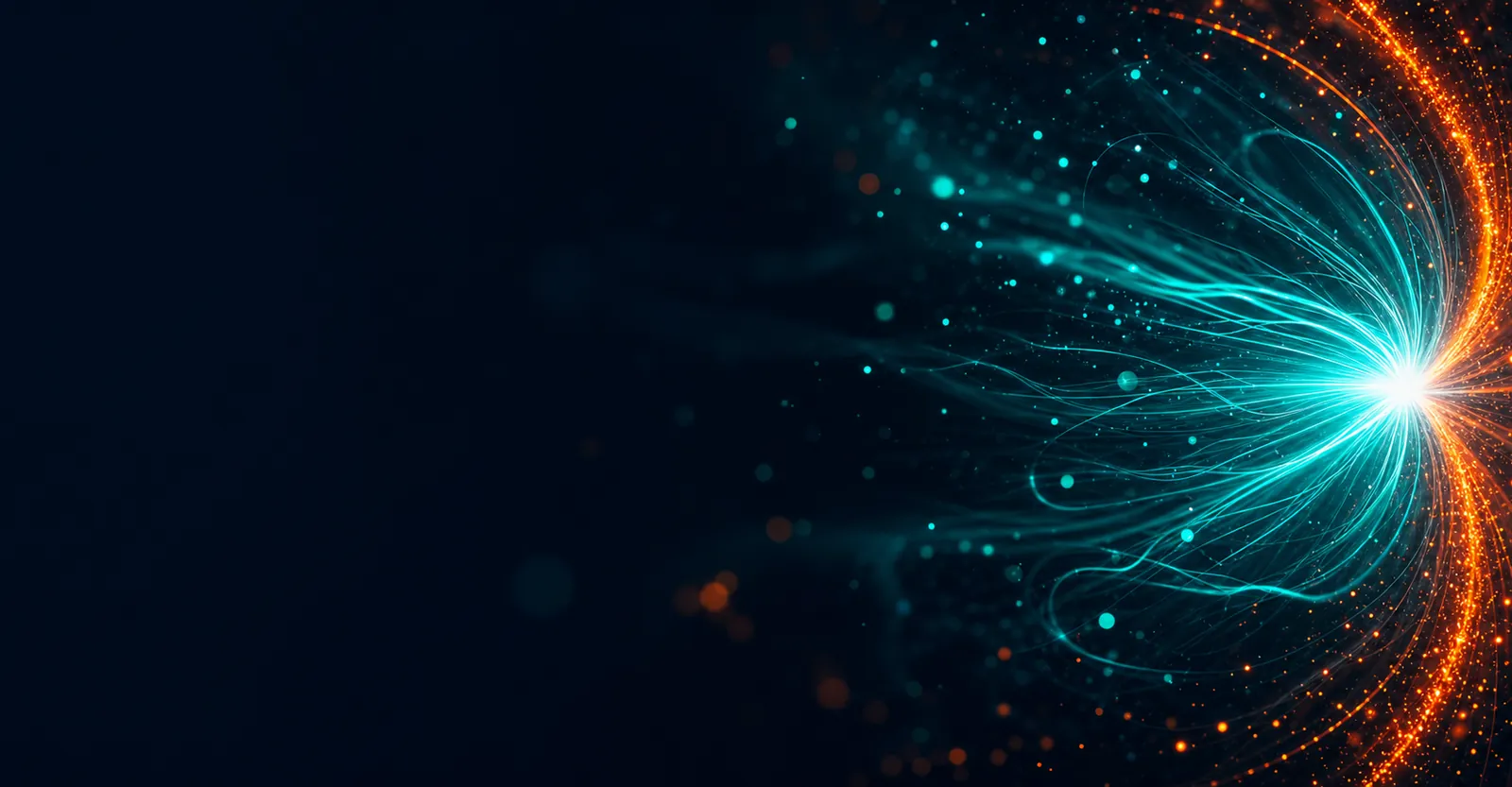 Teal and cyan light filaments converging into a bright core on the right with a warm orange arc — abstract SCALZ brand backdrop behind the Texas headline