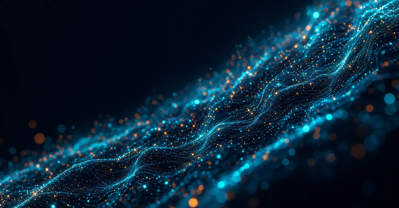 A diagonal teal data-stream cutting across a deep navy field with orange sparks — abstract SCALZ brand backdrop behind the Oklahoma headline